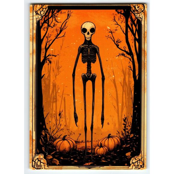 Vintage Halloween Skeleton & Pumpkins Orange Photochrome Postcard - Picture 1 of 2